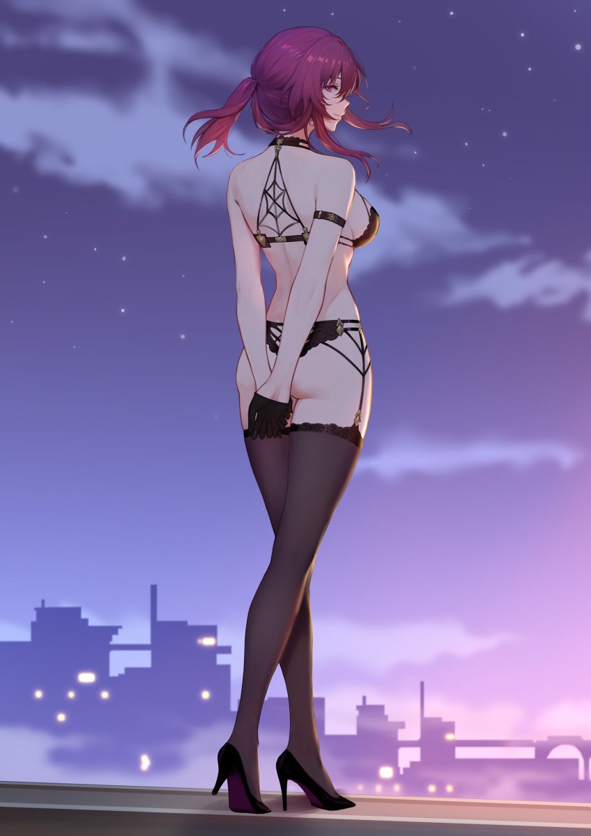 1girls alternate_version_available arms_behind_back back_view earrings female full_body garter_belt high_heels honkai:_star_rail honkai_(series) jewelry kafka_(honkai:_star_rail) leggings looking_at_viewer looking_back purple_eyes purple_hair sideboob solo solo_female solo_focus thigh_gap thighs underwear yunkaiming