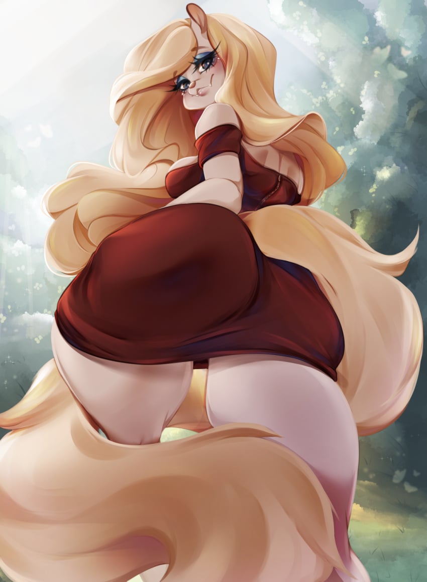 animaniacs anthro ass big_butt blonde_hair breasts bunnywhiskerz female hair hi_res looking_at_viewer looking_back looking_back_at_viewer mammal minerva_mink mink mustelid musteline solo thick_thighs true_musteline warner_brothers