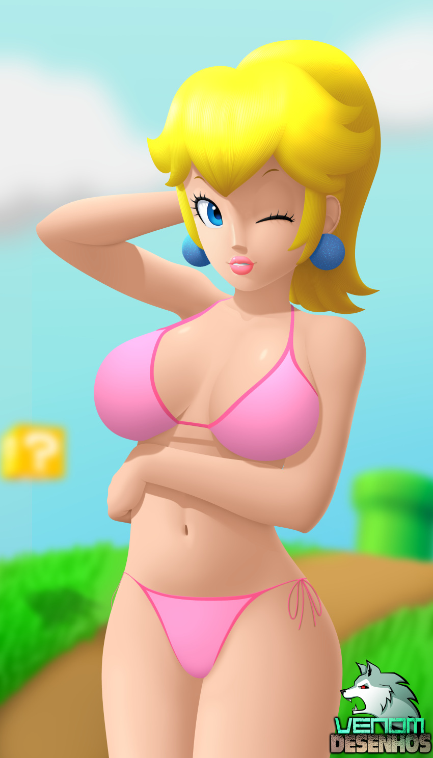 1girls ?_block arm_behind_head arm_under_breasts armpits artist_name artist_request big_breasts bikini blonde_hair blue_eyes breasts cleavage female female_only highres large_breasts legs looking_at_viewer mario_(series) navel nintendo one_eye_closed outdoors pink_bikini pink_lips ponytail pose posing princess princess_peach smile super_busty super_mario_bros. swimsuit thighs warp_pipe wink