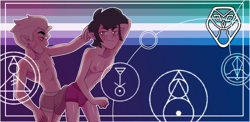 2boys banner blonde_hair definetelyyuu edric_blight erection_pushing_underwear erection_under_clothes fire_glyph gay gay_pride green_hair hunter_(the_owl_house) iamyuu ice_glyph lgbt_pride light_glyph male male_only mole_under_eye plant_glyph pride_colors scar seductive_smile the_owl_house twink underwear yaoi yuunsfw