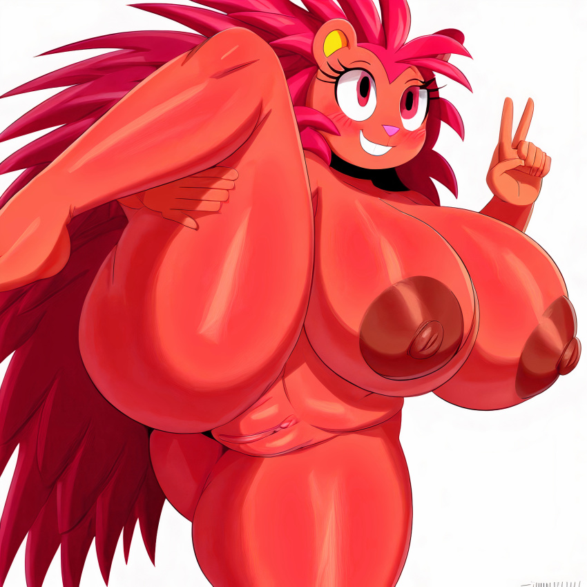 ai_generated anthro areola areolae big_breasts breasts completely_nude digital_media_(artwork) female female_only flaky_(htf) fur furry happy_tree_friends hi_res huge_areolae huge_breasts inviting inviting_to_sex jinviji leg_lift leg_up long_hair mammal mondo_media nipples nude porcupine pussy red_areola red_body red_eyes red_fur red_hair red_nipples rodent solo split standing standing_on_one_leg standing_split white_background