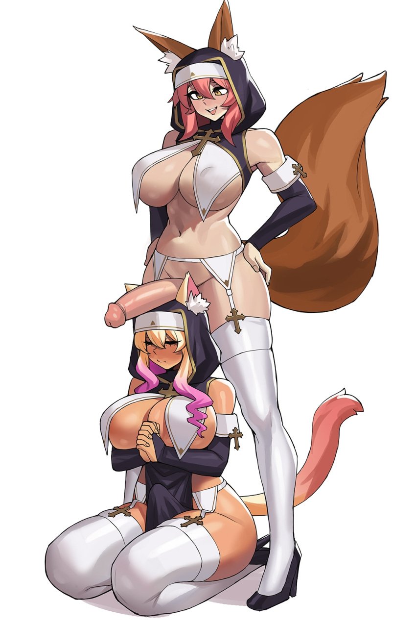 2futas alternate_costume animal_ears big_breasts big_penis black_footwear black_sleeves blonde_hair breast_curtains breasts closed_eyes closed_mouth clothed clothing commission covered_nipples dark-skinned_female dark_skin detached_sleeves donburi_(donburikazoku) donburikazoku duo erection fate/grand_order fate_(series) female fluffy_ears fluffy_tail fox_ears fox_girl fox_tail full_body futa_on_futa futanari gyaru hands_on_own_hips hi_res highres hips huge_breasts human humanoid humanoid_penis interlocked_fingers kemonomimi kitsune kneeling large_breasts large_penis light-skinned_futanari light_skin mostly_nude multiple_girls nun nun's_habit nun_outfit open_mouth own_hands_together partially_clothed penis penis_on_head pink_hair shoes short_hair simple_background sitting smile smooth_penis standing suzuka_gozen_(fate) tail tamamo_no_mae_(fate) tan tan-skinned_female tanned_skin thick_thighs thighhighs thighs uncensored wariza white_background white_thighhighs wide_hips yellow_eyes