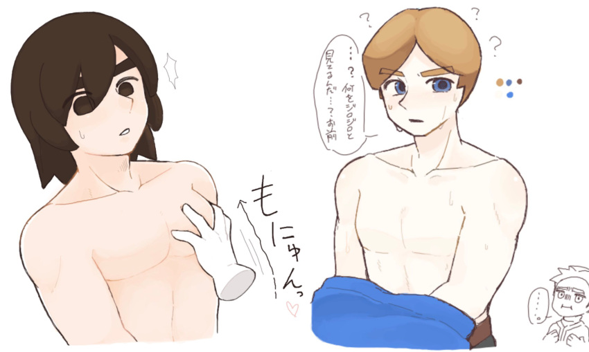 2boys abs bara black_eyebrows black_eyes black_hair blonde_hair detached_hand groping japanese_text long_hair looking_down mii mii_brawler mii_swordfighter nintendo pale-skinned_male pale_skin pectoral_grab pectorals solid_circle_eyes speech_bubble super_smash_bros. thick_eyebrows undressing