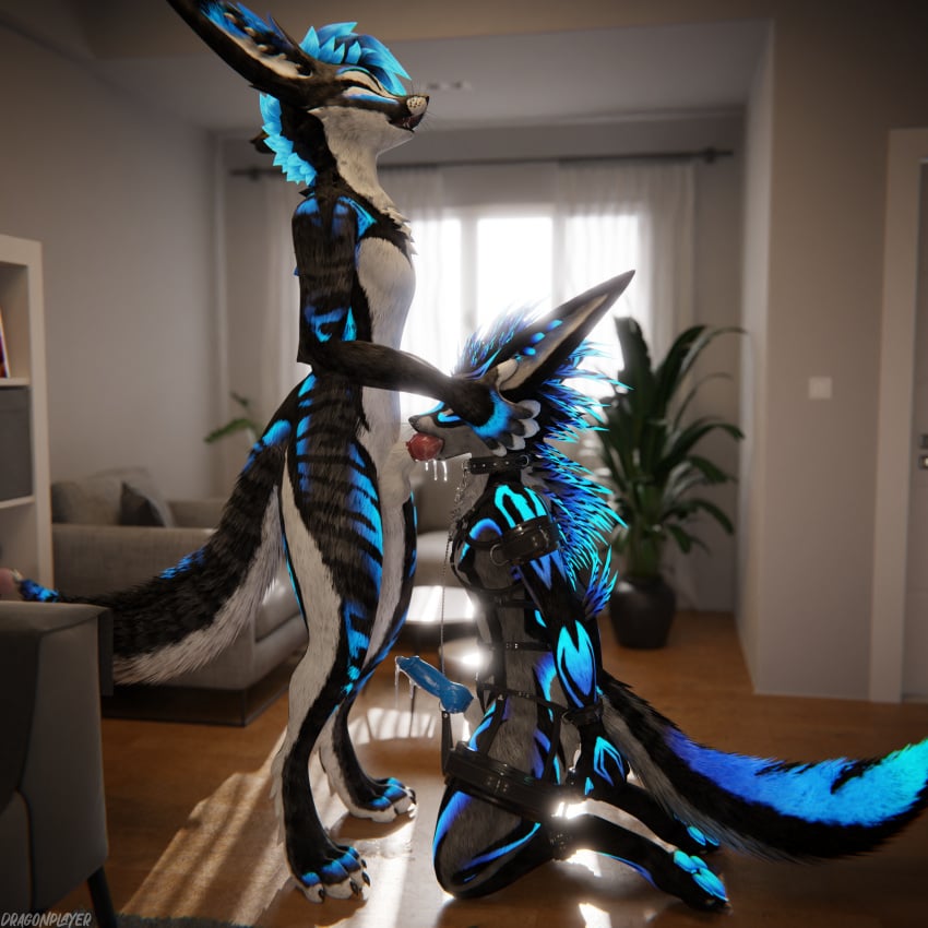 1:1 3d_(artwork) 4k absurd_res animal_genitalia animal_penis anthro anthro_on_anthro arms_tied balls biped blender_(software) blender_cycles blue_body blue_penis bodily_fluids bondage bondage bondage_gear bound canid canine canine_genitalia canine_penis claws closed_eyes clothing collar cuff_(restraint) cuffs_(clothing) cum cum_dripping_from_penis cum_in_mouth cum_inside cum_on_face cum_on_ground cum_on_penis cumshot depth_of_field digital_media_(artwork) dominant dominant_male dragonplayer dragonplayer_(character) duo ejaculation erection feet fellatio forced forced_fellatio fox fur genital_fluids genitals hair hand_on_head hands_on_back harness hi_res hindpaw inside kneeling kneeling_oral_position knot latex latex_clothing leash leashed_collar legs_tied legwear living_room male male/male mammal masturbation multicolored_body nickofox on_ground open_mouth oral oral_masturbation oral_penetration orgasm orgasm_face paws penetration penile penis penis_in_mouth pink_penis pushing reflection restraints rexouium sex slim slim_anthro slim_male slim_sub spreader_bar standing submissive submissive_male tail tight_clothing toes white_body