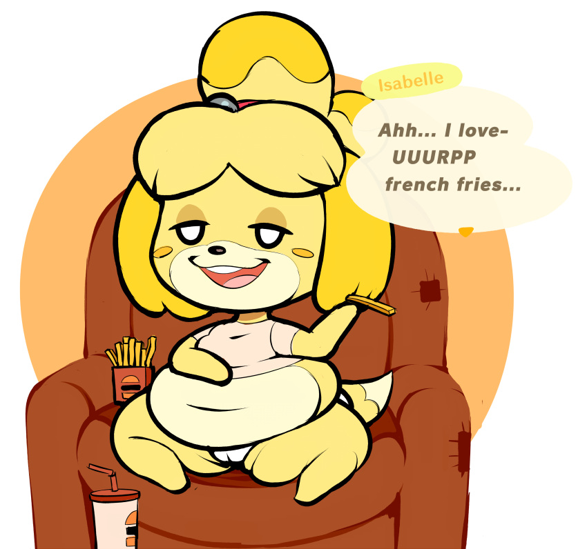 1girls animal_crossing anthro belly belly_button big_belly bottomless bottomless_female burp burping canine chair drink eating english_text fat fat_female fat_fetish female female_only food french_fries furry isabelle_(animal_crossing) lazy navel nintendo overweight overweight_female pussy sitting solo solo_female spaghettiz speech_bubble tail text vagina yellow_fur