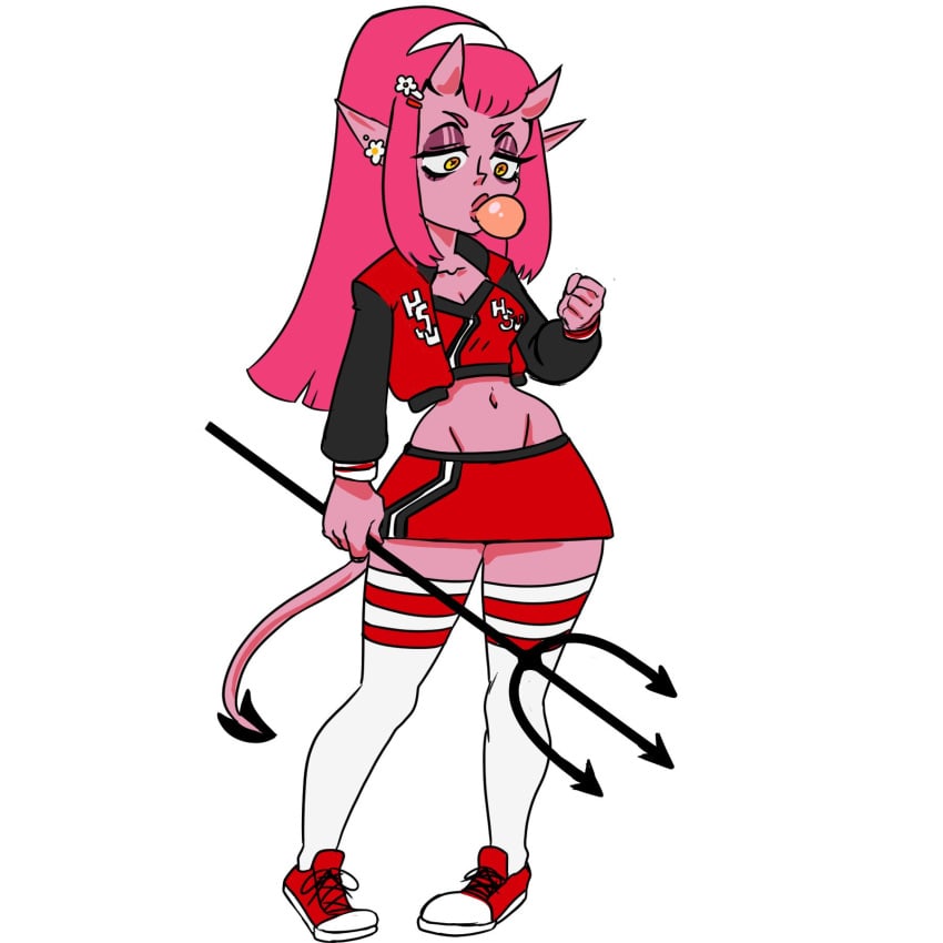 blowing_bubblegum bubble_gum cheerleader cheerleader_outfit cheerleader_uniform cleavage coastaldemon demon demon_girl demon_horns demon_tail ear_piercing gum hairband headband letterman_jacket pink_hair pink_skin pitchfork socks stockings tail thick_thighs thighhighs thighs yellow_eyes