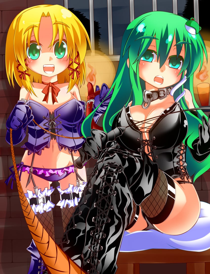 2girls barred_window black_corset black_panties blonde_hair bondage boots breasts brick_wall candlelight candles chair choker collar corset dominatrix elbow_gloves femdom fishnet_thighhighs fishnets frog_hair_ornament garter_straps gin_(shioyude) gloves green_eyes green_hair holding_collar holding_riding_crop holding_whip large_breasts leash leashed_pov long_hair looking_at_viewer midriff multiple_doms multiple_girls navel panties purple_corset purple_panties riding_crop sanae_kochiya short_hair sitting_on_chair source_request submissive_pov suwako_moriya thigh_boots thighhighs touhou viewer_on_leash whip