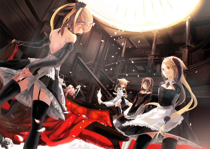 5girls animal_ears apron black_legwear blonde_hair brown_hair cat_ears demon_girl flower garter_straps kaninn maid maid_apron maid_headdress multiple_girls pink_hair red_eyes thighhighs twintails