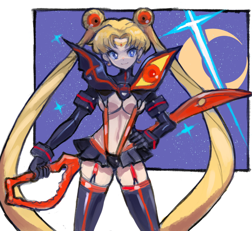 1girls big_breasts binelu01 bishoujo_senshi_sailor_moon blonde_hair blue_eyes breasts clothing confident cosplay crossover crossover_cosplay dakusuta elbow_gloves garter_straps gloves hand_on_hip holding_sword kill_la_kill large_breasts looking_at_viewer magical_girl matoi_ryuuko_(cosplay) medium_breasts sailor_moon scissor_blade scissor_blade_(kill_la_kill) senketsu senketsu_(cosplay) skirt stockings suspenders sword thighhighs tiara twintails underboob usagi_tsukino weapon