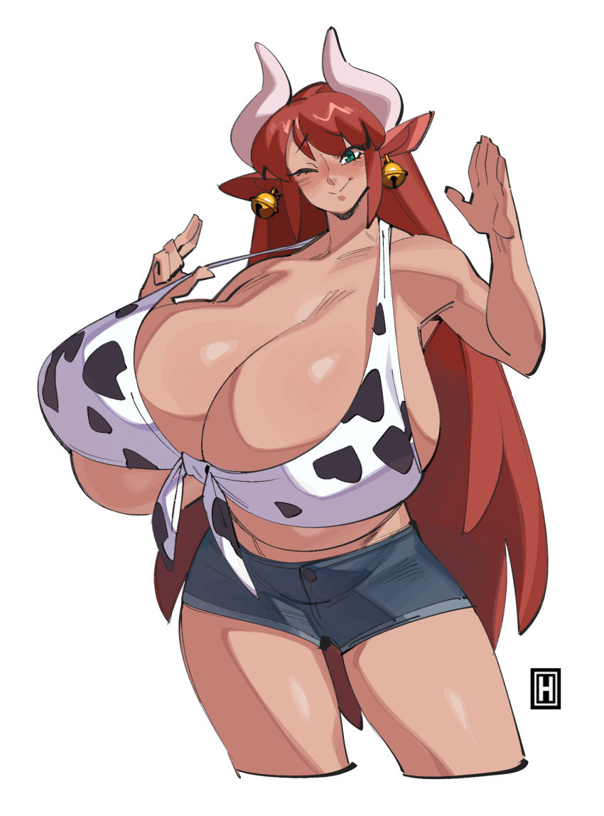 1girls aeryn_(thehelmetguy) blush breasts_bigger_than_head cow_ears cow_girl cow_horns cow_print ear_bell earrings female female_only gigantic_breasts green_eyes hi_res horns huge_breasts jean_shorts long_hair looking_at_viewer red_hair shorts smiling smiling_at_viewer solo thehelmetguy top_heavy white_background wink winking_at_viewer