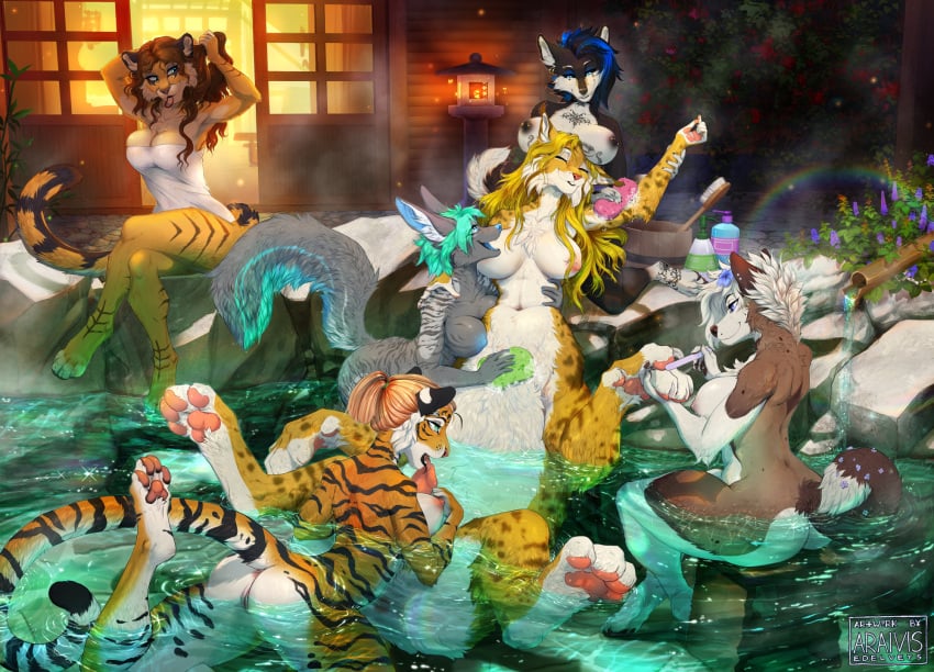 anthro anus aqua_(swartzfox) araivis-edelveys araivis_edelveys_(character) bathing_another black_nipples blue_hair blue_nipples breast_play breasts brown_body brown_fur brown_hair canid chakat duma_leonne felid felid_taur female fur genitals grey_body grey_fur gynomorph gynomorph/female hair herm_(lore) hi_res hot_spring intersex intersex/female kashi_(f-r95) licking licking_penis mammal mammal_taur manicure navel nikki_(nikki_forever) nipple_piercing nipples onsen paizuri pantherine partially_submerged pawpads penis penis_lick piercing pink_nipples pink_pawpads pussy sex spots spotted_body spotted_fur spread_legs spreading striped_body striped_fur stripes tail taur tiger titfuck titjob water