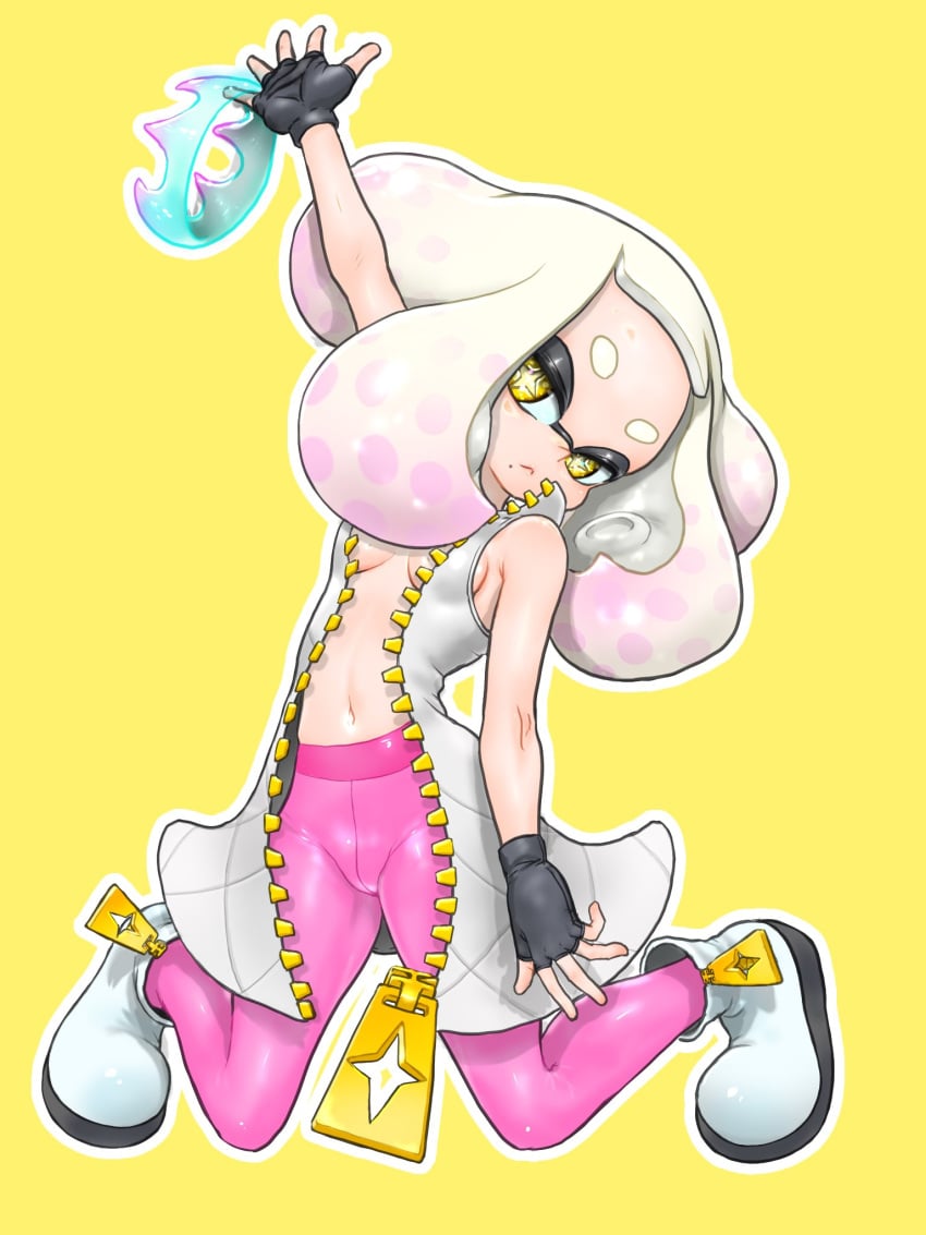 1girls kneeling koharuno2 looking_at_viewer navel nintendo no_bra open_jacket pearl_(splatoon) seductive splatoon splatoon_2 stripping