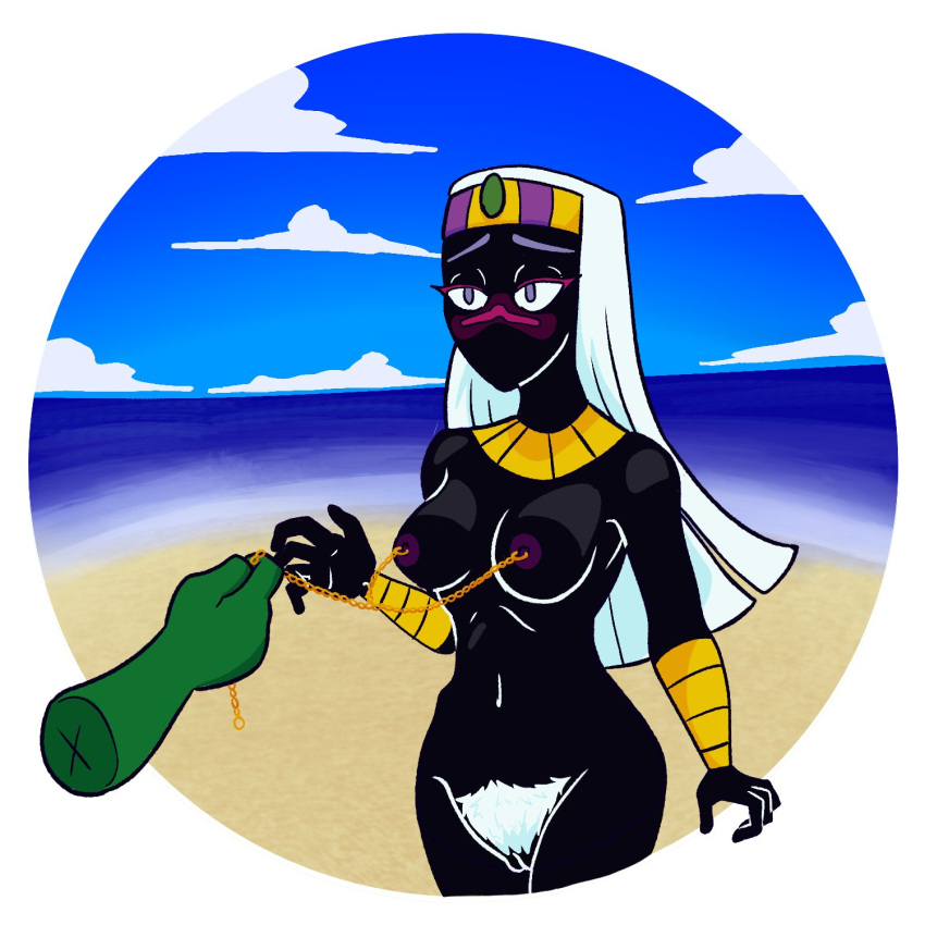 armbands beach black_body blueycitrus blushing breasts cartoon_network chain_piercing crown duck_dodgers hairy_pussy looney_tunes martian martian_(duck_dodgers) nude nude_female ocean pierced_nipples piercings pussy queen_tyr'ahnee sky tagme warner_brothers white_hair