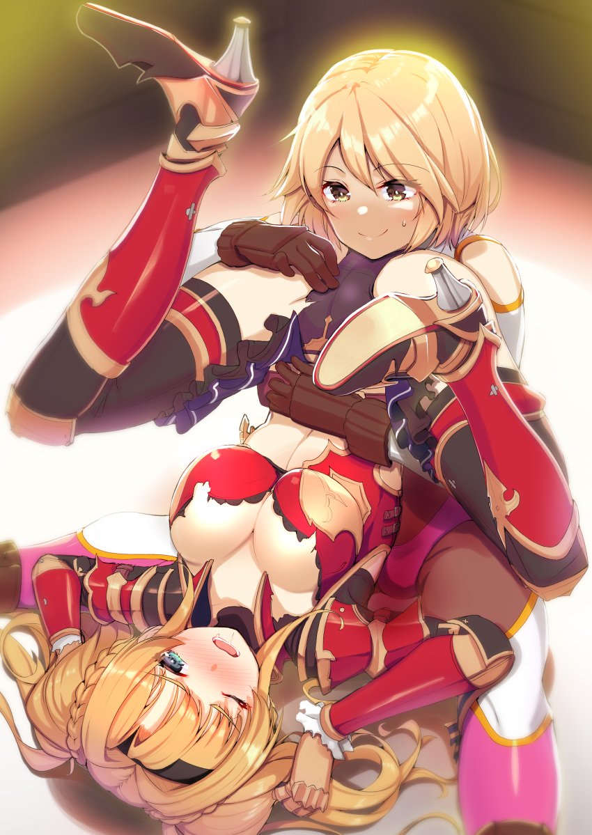 2girls akahito armor ass ass_up assertive_female big_breasts black_hairband black_panties blonde_hair blue_eyes breasts brown_eyes cameltoe catfight defeated djeeta_(granblue_fantasy) female female_only female_protagonist gauntlets gloves granblue_fantasy hairband high_heel_boots high_heels imminent_cunnilingus large_breasts legs legs_up lezdom long_hair luchador_(granblue_fantasy) molestation multiple_girls nonude one_eye_closed open_mouth panties shiny_hair shiny_skin short_hair smile sweatdrop swimsuit thighs top-down_bottom-up torn_clothes twintails wrestling wrestling_outfit wrestling_ring yuri zeta_(granblue_fantasy)