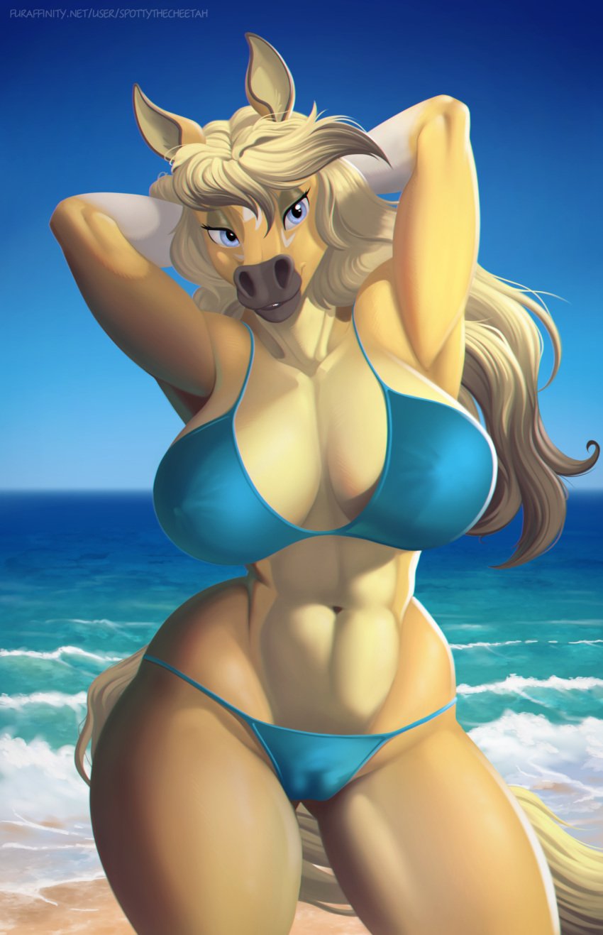 beach bikini blonde_hair blue_eyes breasts camel_toe cleavage clothed clothing equid equine female fur hair hands_behind_head hi_res horse leg_markings long_hair mammal markings pose raya_de_la_cruz_(whitetail-designs) sea seaside socks_(marking) solo spotty_the_cheetah swimwear water wide_hips yellow_body yellow_fur