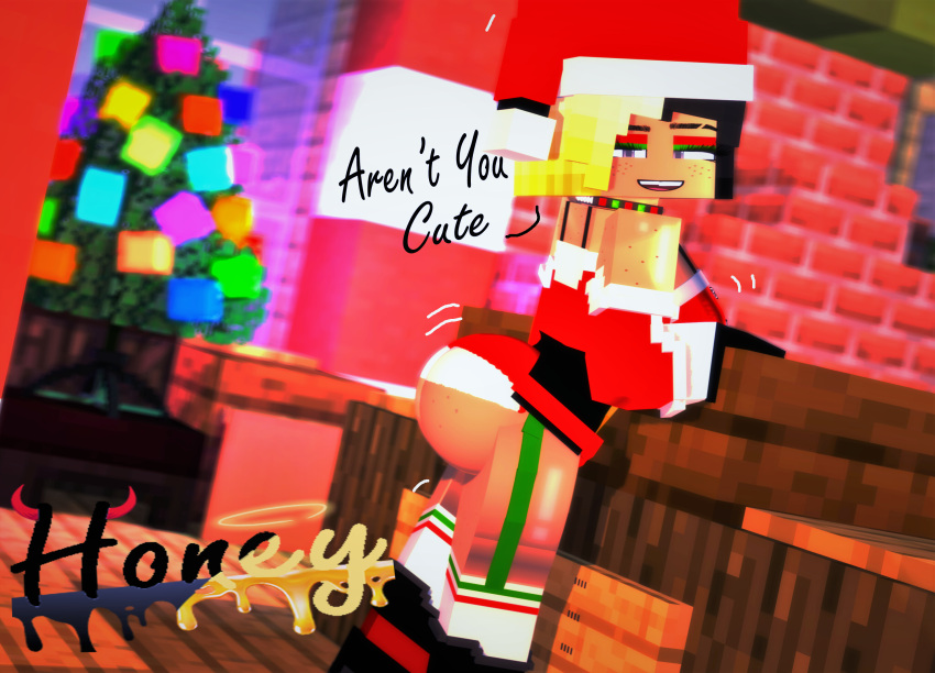 1girls 3d big_ass big_breasts big_butt black_and_blonde_hair christmas_hat christmas_outfit christmas_tree female fireplace honey_(tah) looking_back mine-imator minecraft smug_smile theactualhoney thighhighs