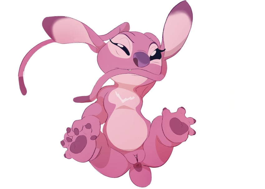 absurd_res alien alpha_channel angel_(lilo_and_stitch) antennae_(anatomy) anus bite black_sclera claws disney experiment_(lilo_and_stitch) female feral floppy_ears fur genitals half-closed_eyes hand_behind_head hi_res lilo_and_stitch narrowed_eyes pawpads pink_body pink_fur pussy self_bite simple_background solo spread_legs spreading transparent_background wugi