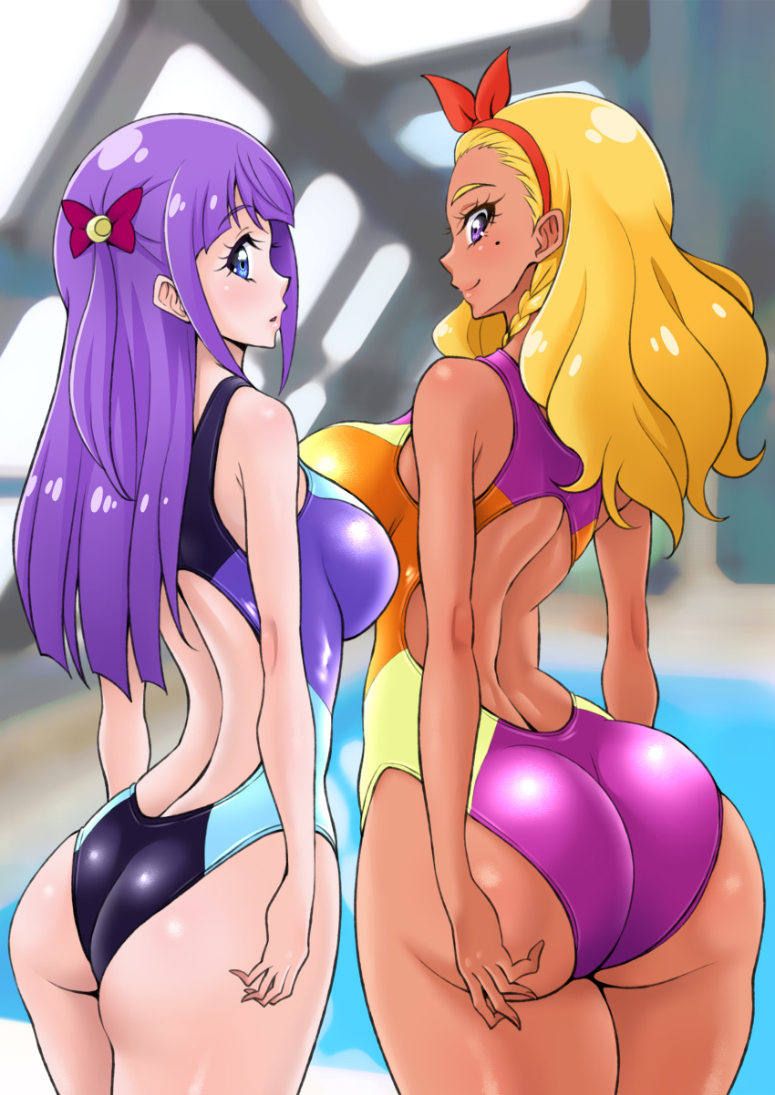 2girls alternate_ass_size alternate_breast_size amamiya_elena ass big_ass big_breasts blue_eyes breasts busty butt curvaceous curvy curvy_body curvy_female curvy_figure eunospress female kaguya_madoka medium_breasts mole mole_under_eye one-piece_swimsuit plump plump_ass precure pretty_cure purple_eyes purple_hair star_twinkle_precure swimsuit voluptuous