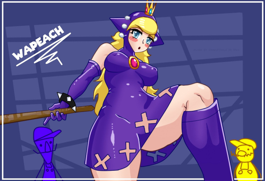 aged_up girl jonarthan_de_tux large_breasts latex latex_clothing mario_(series) mario_tennis nipples_visible_through_clothing no_panties purple_dress purple_latex waluigi wapeach wario