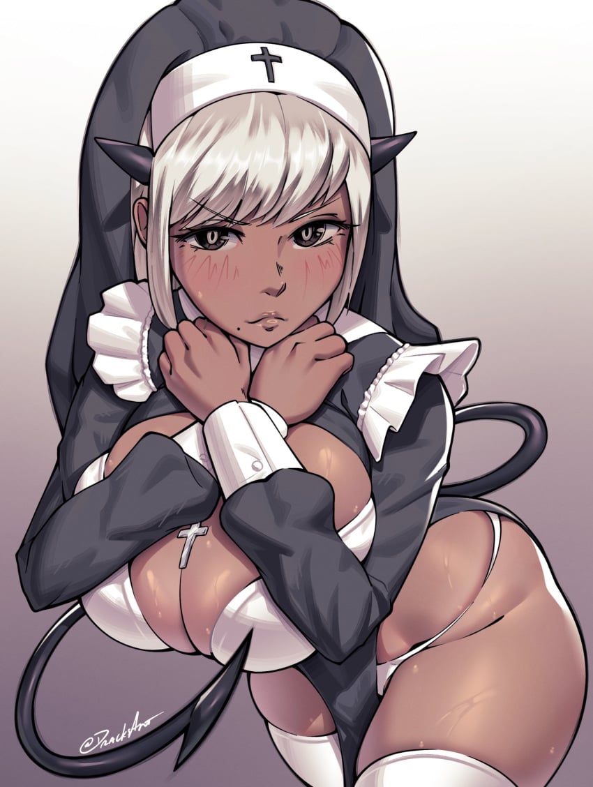 1girls 2023 2d big_breasts blush breasts closed_mouth clothed clothing color crossed_arms dark-skinned_female dark_skin demon_tail dracksart eyebrows_visible_through_hair female female_only gradient_background hi_res horns large_breasts looking_at_viewer mole mole_under_mouth nun nun's_habit open_eyes panties signature skindentation solo solo_female sweat sweating sweaty sweaty_body tail thick_thighs thighhighs thighs white_hair white_panties white_thighhighs