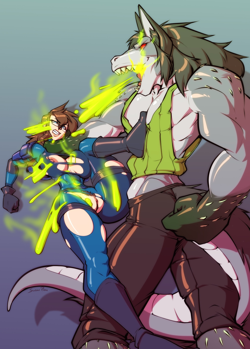 1boy 1girls anthro anthro_on_female anthro_on_human blue_eyes bodysuit brown_hair glasses green_hair human_female larger_male long_hair muscular_male nonhuman_male_on_human_female red_eyes ripped_clothing size_difference smaller_female svenners svenspronfest