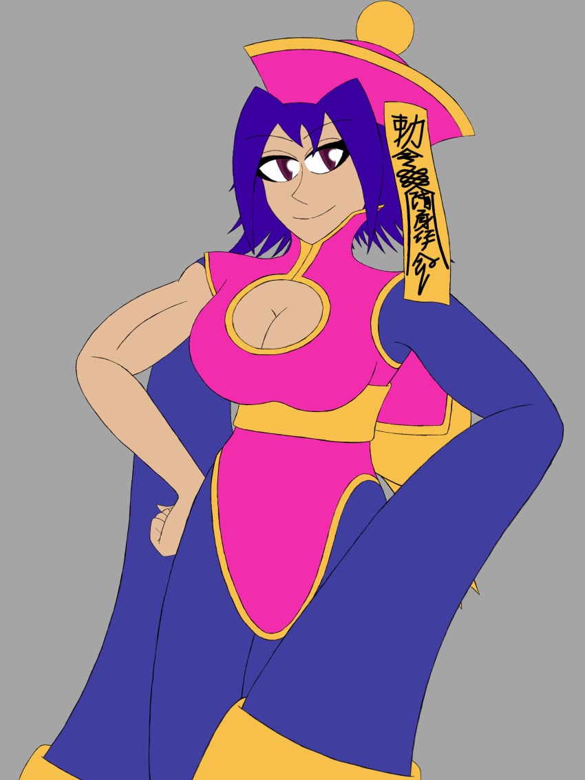 artist_request biceps big_breasts blaze_ember caligraphy chinese_clothes clothing darkstalkers halloween hsien_ko hsien_ko_(cosplay) jiangshi lei-lei lei_lei lei_lei_(cosplay) muscular ofuda purple_hair simple_background vampire_(game)