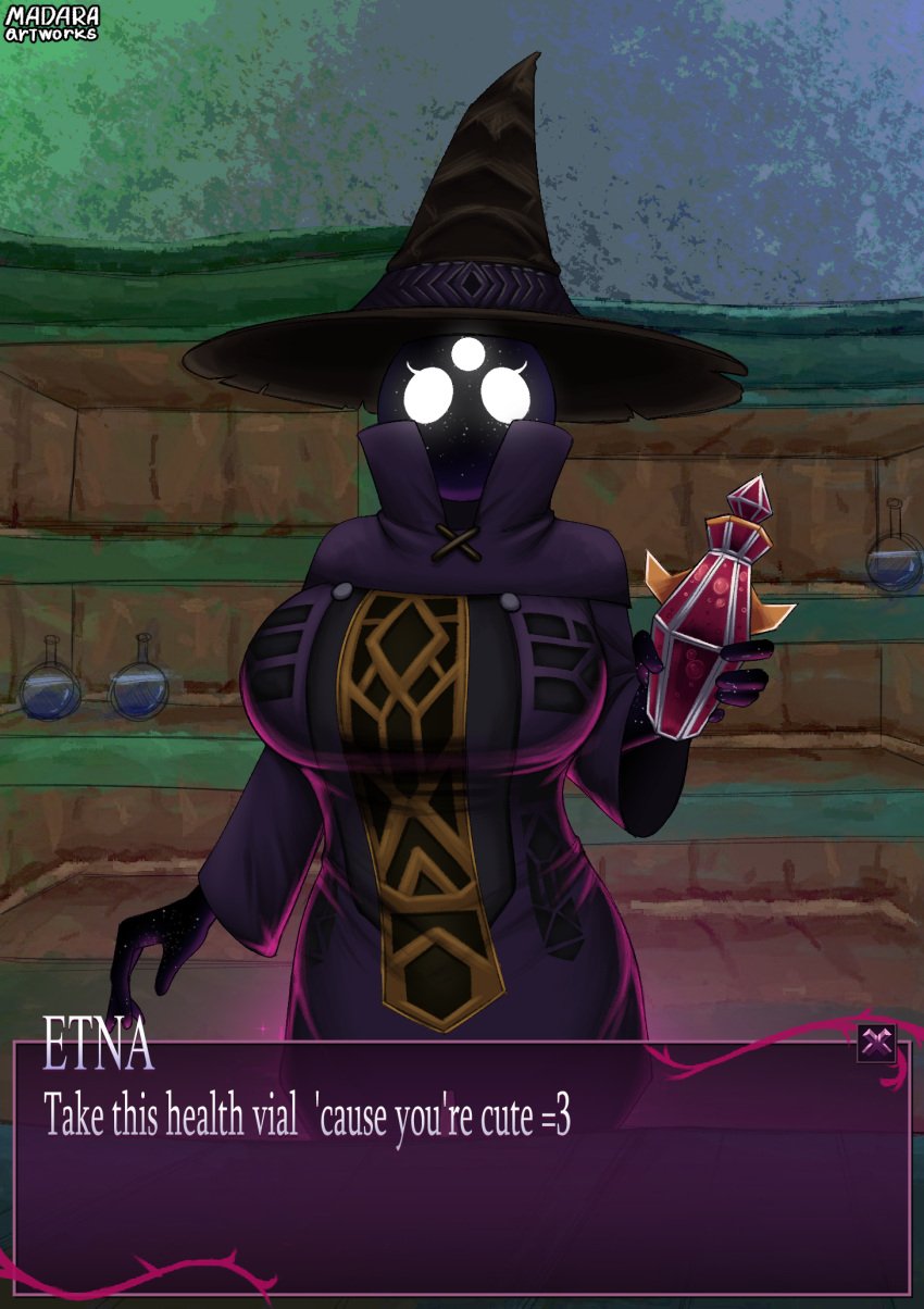 3_eyes big_breasts black_body breasts clothed cosmic_skin covering_breasts cute dialogue_box empty_eyes etna_(lunacid) female female_only ghost ghost_girl hat headgear headwear holding_object huge_breasts looking_at_viewer lunacid_(video_game) madara_artworks multi_eye pov purple_body purple_clothing purple_robe robe shortstack simple_eyes simple_face white_eyes wide_hips witch_hat