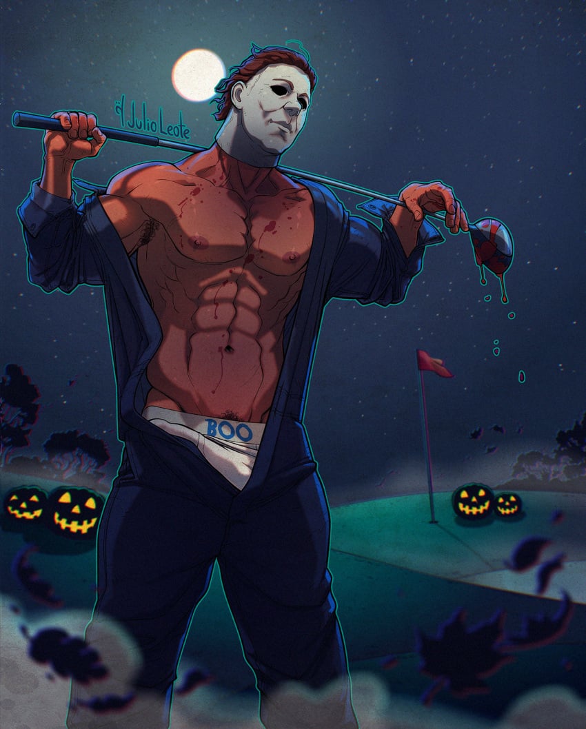 1boy 2021 armpit_hair bara bara_tits barazoku big_bulge big_penis briefs bulge clothing erection erection_under_clothes gay hairy_male halloween halloween_(series) holidays huge_bulge julio_leote male male_focus male_nipples male_only male_pubic_hair manly michael_myers muscular_male nipples no_visible_genitalia penis penis_outline solo solo_male underwear yaoi