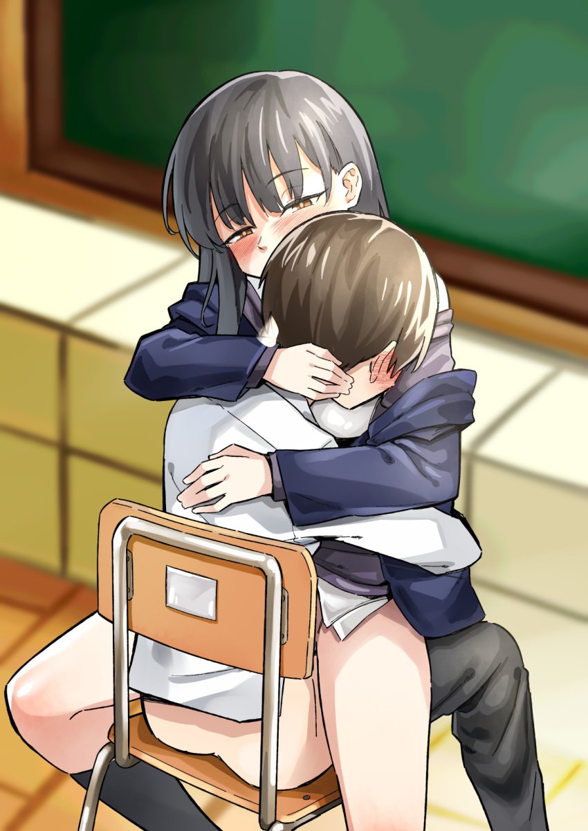 1boy black_hair black_jacket blush boku_no_kokoro_no_yabai_yatsu brown_eyes canon_couple chair chalkboard classroom cowgirl_position female highres hug ichikawa_kyoutarou indoors jacket long_hair michomicho on_chair sex shirt short_hair sitting sitting_on_person straddling straight white_shirt wholesome wholesome_sex yamada_anna