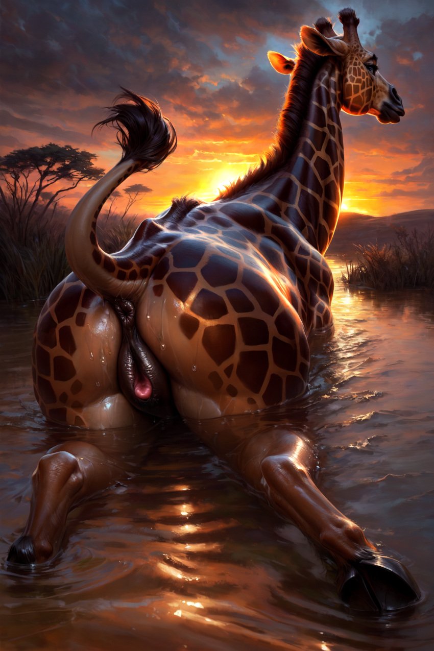 1girls ai_generated anthro anus ass big_ass blue_eyes brown_fur clitoral_winking clitoris cloven_hooves equine_pussy female female_only feral feral_only giraffe giraffe_ears giraffe_horns giraffe_tail hooves horns huge_ass in_water liquidscales looking_at_viewer looking_back_at_viewer presenting presenting_hindquarters pussy raised_tail savanna spotted_body spotted_fur sunset tail wet wet_body