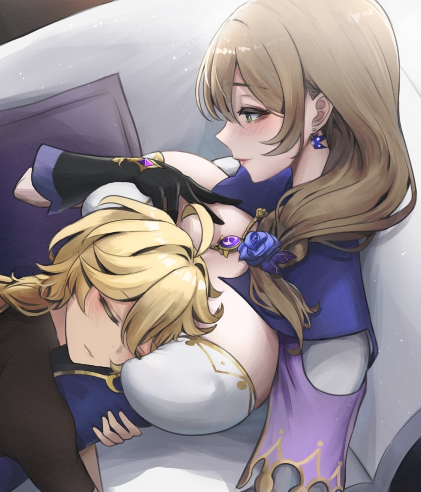 1boy 1girls aether_(genshin_impact) big_breasts blush breast_smother female genshin_impact hans-kun holding hoyoverse light-skinned_female light_skin lisa_(genshin_impact) mihoyo nonude sleeping straight taller_girl