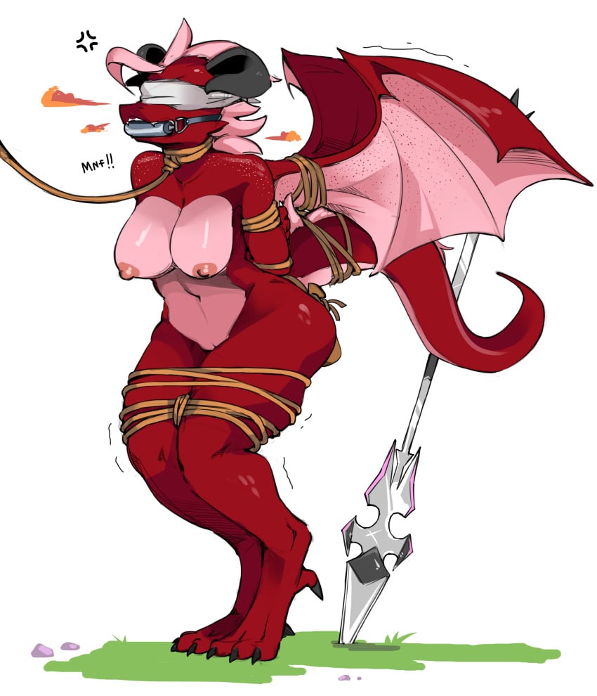 absurd_res angry anthro arms_tied arms_tied_behind_back bit_gag black_horn blindfold bondage bound breasts dragon dragon_girl elodrea_(jackwolf) english_text female fire gag hair hi_res horn leash legs_tied melee_weapon nipples non-mammal_breasts nude pink_body pink_hair pink_scales polearm red_body red_scales restraints rope rope_bondage scales scalie solo spear teeth text weapon wings_tied zinnick