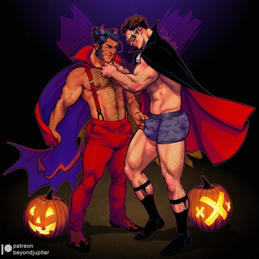 2boys artist_name bara bara_tits barazoku beyondjupiter big_bulge body_hair boxers bulge claws clothing costume cyclops_(x-men) demon facial_hair fangs flaccid gay hairy_chest hairy_male halloween halloween_costume holidays huge_bulge human james_howlett julio_leote leg_hair logan_(x-men) male male/male male_nipples male_only manly marvel marvel_comics mature_male muscular_male mutton_chops no_visible_genitalia penis_outline scott_summers sideburns tight_clothing uncensored underwear vampire wolverine_(x-men) x-men yaoi