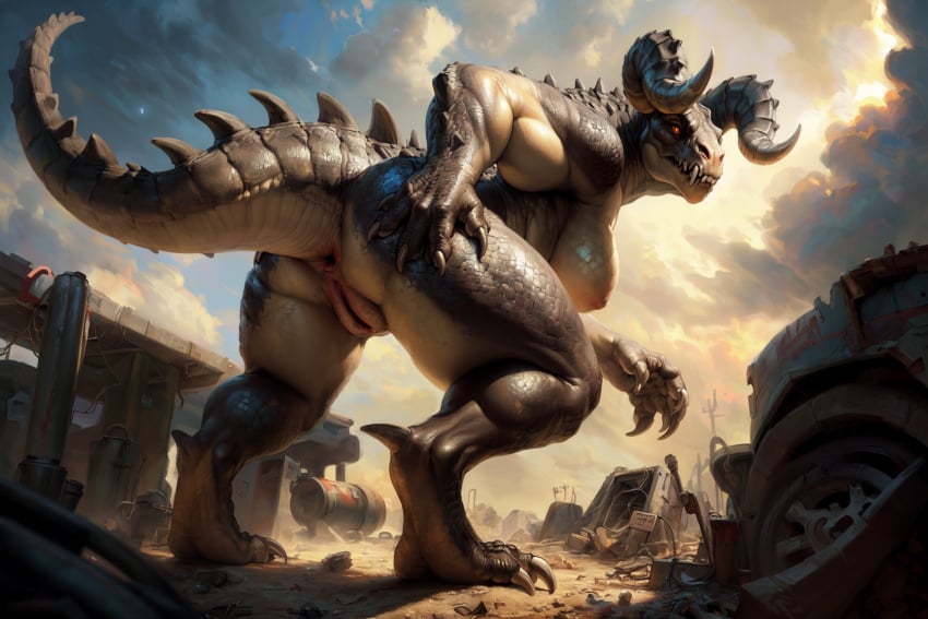 1girls ai_generated anthro anthro_only anus apocalypse apocalyptic ass bethesda_softworks big_ass big_breasts big_tail breasts claws curved_horns deathclaw dinosaur_tail fallout fangs female female_only grey_body grey_scales horns huge_ass huge_breasts huge_tail liquidscales looking_at_viewer looking_back_at_viewer orange_eyes presenting presenting_hindquarters pussy raised_tail reptile spread_ass tail tail_anus teeth yellow_scales