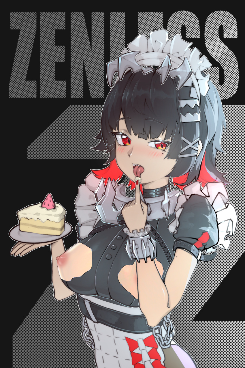 1girls big_breasts black_hair blush breasts cake cake_slice ellen_joe exposed_breasts female female_only maid maid_outfit maid_uniform nipples red_eyes red_hair sharp_teeth tuoyezengzhi two_tone_hair victoria_housekeeping zenless_zone_zero