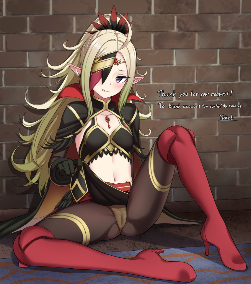 1girls alternate_costume english_text female female_only fire_emblem fire_emblem_awakening fire_emblem_heroes green_hair licking_lips looking_at_viewer naughty_face nintendo nowi_(fire_emblem) nowi_(resplendent)_(fire_emblem) official_alternate_costume on_ground one_eye_covered panties partially_visible_vulva pointy_ears purple_eyes sitting small_breasts solo spread_legs text tongue tongue_out underwear yakob_labo yellow_panties