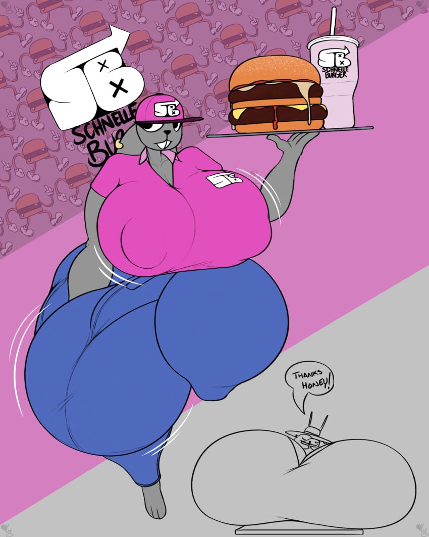 absurd_res anthro areola_outline balls big_balls big_breasts big_bulge big_penis bouncing_breasts bouncing_bulge breast_rest breasts bulge burger clothed clothing corona_cummins_(thechavicgerman) duo female food fully_clothed genitals gynomorph hi_res huge_balls huge_breasts huge_bulge huge_cock huge_thighs humanoid hyper hyper_balls hyper_breasts hyper_bulge hyper_genitalia intersex lagomorph leporid lottie_cummins_(thechavicgerman) mammal penis rabbit schnelle_burger thechavicgerman_(artist) thick_thighs uniform