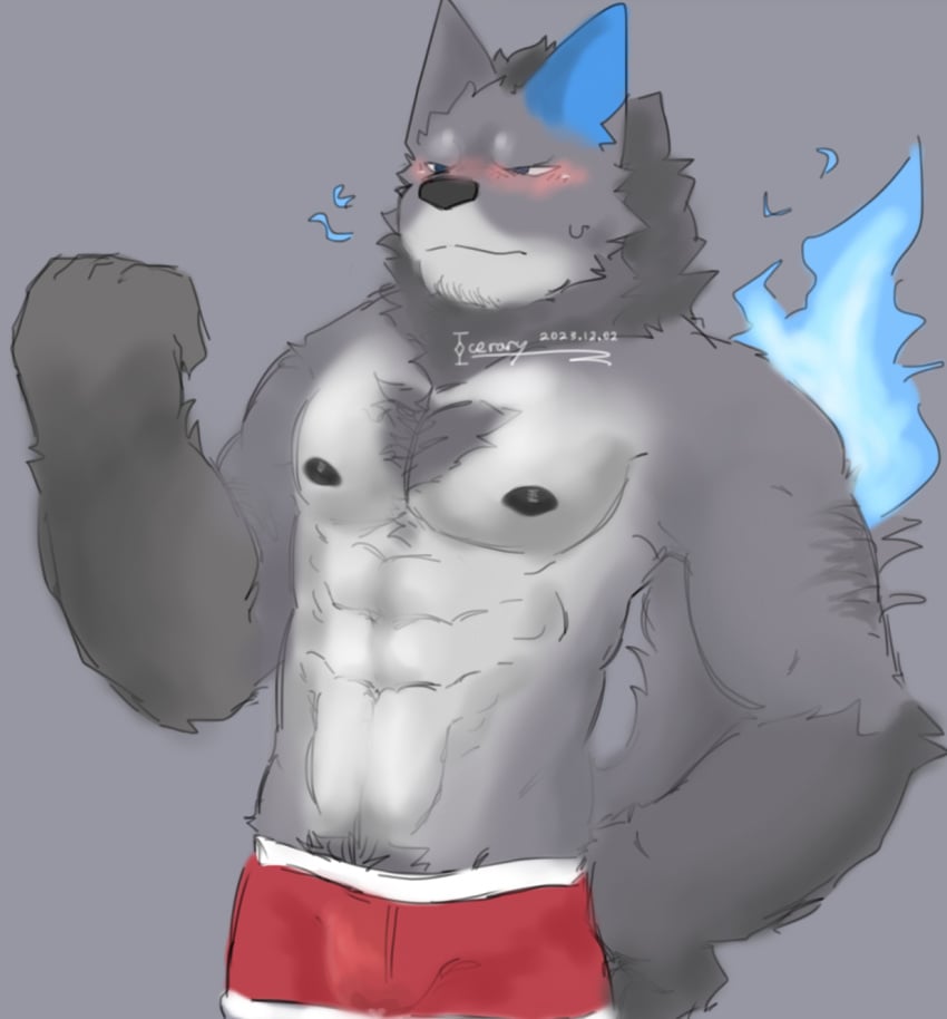 arm_on_hip bara blue_eyes blue_fire blush bulge clothing doodle_world furry gray_fur icerary leaking_cum male male_only muscular muscular_male nipples red_briefs red_clothing roblox roblox_game self_upload simple_background solo solo_male tagme tufflaze underwear wolf