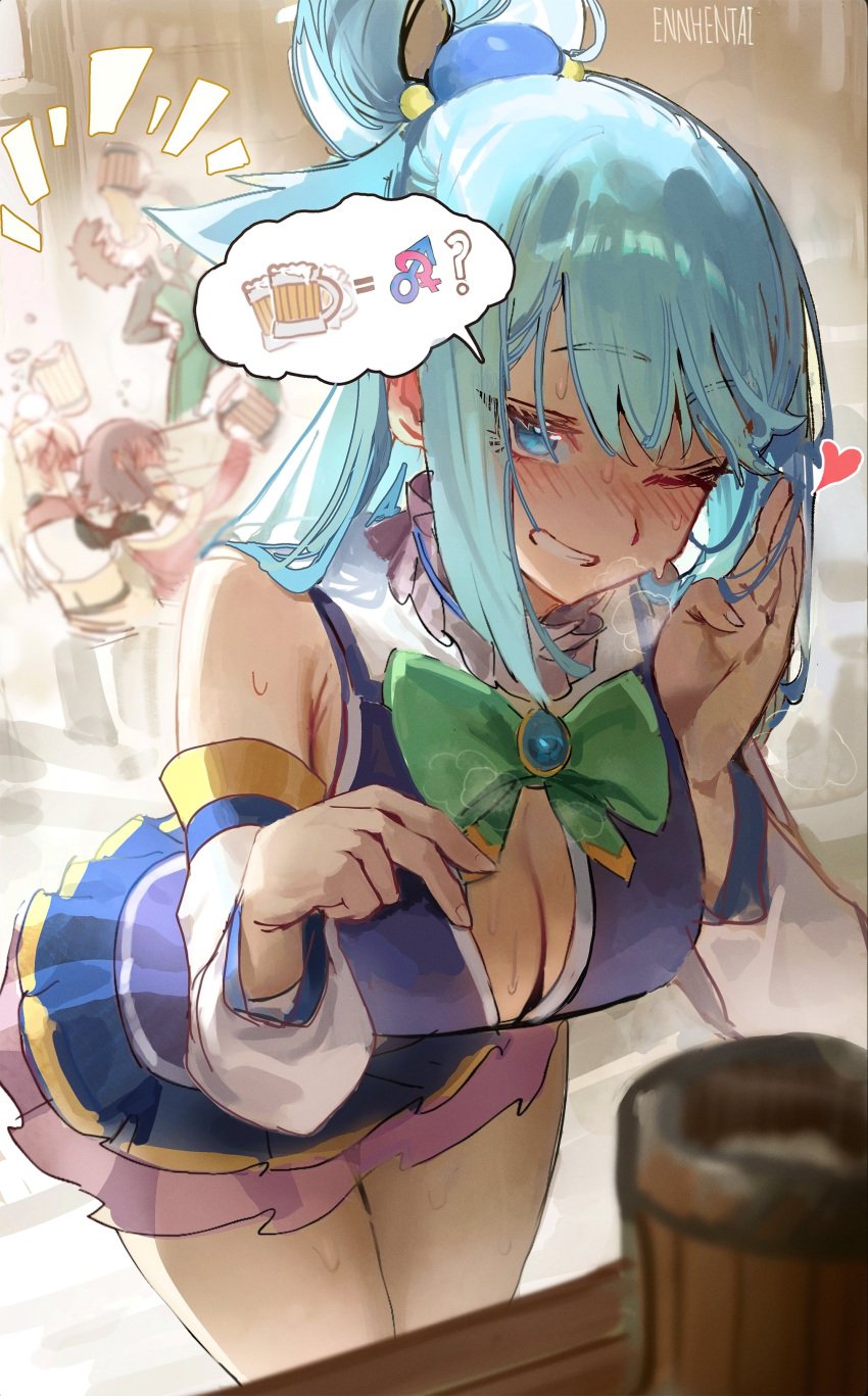 1boy 3girls all_fours aqua_(konosuba) asking_for_sex beer big_breasts blue_eyes blue_hair blush cleavage darkness_(konosuba) drunk elbow_gloves ennhentai female female_focus imminent_sex kono_subarashii_sekai_ni_shukufuku_wo! large_breasts looking_at_viewer male megumin multiple_girls prostitution satou_kazuma skirt solo_focus sweat thighs unbuttoned_shirt winking