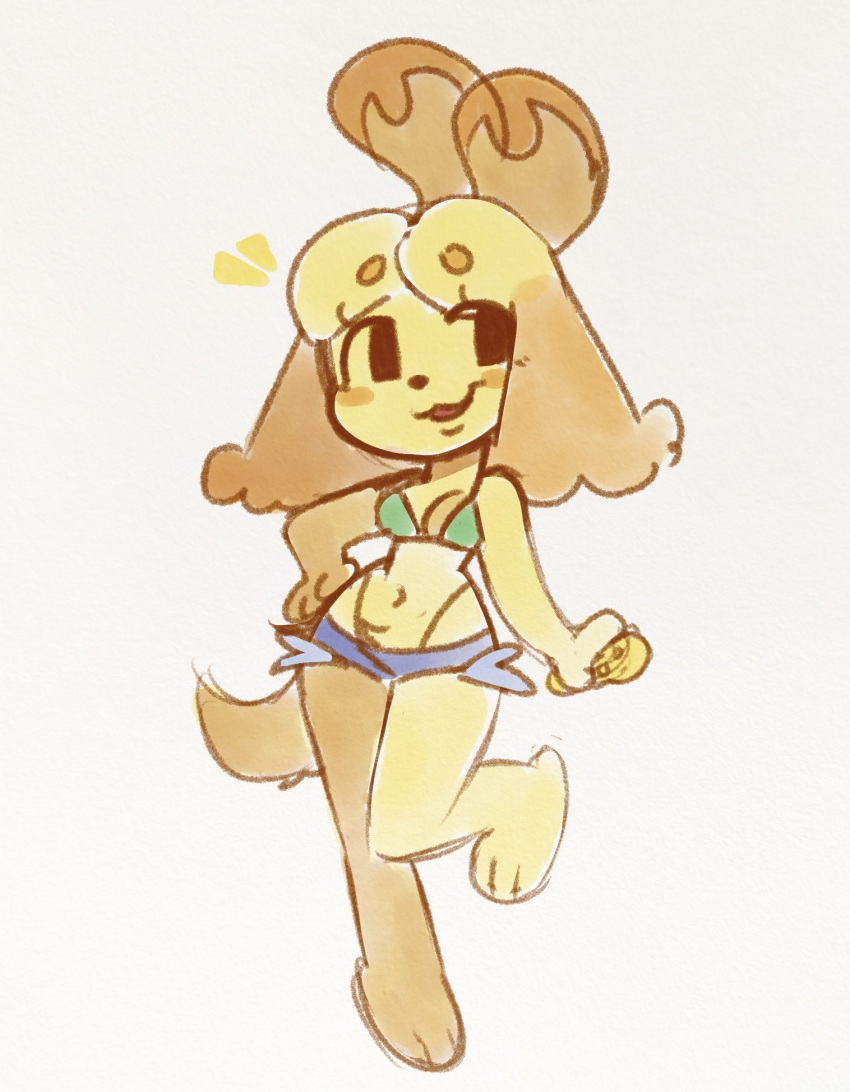 1girls 2023 animal_crossing bikini_top blush breasts canine cute eyebrows eyebrows_visible_through_hair female female_only furry furry_only hand_on_hip isabelle_(animal_crossing) looking_at_viewer navel nintendo open_mouth paws shizuearts simple_background small_breasts thong thong_above_shorts thong_straps yellow_body yellow_fur yellow_hair