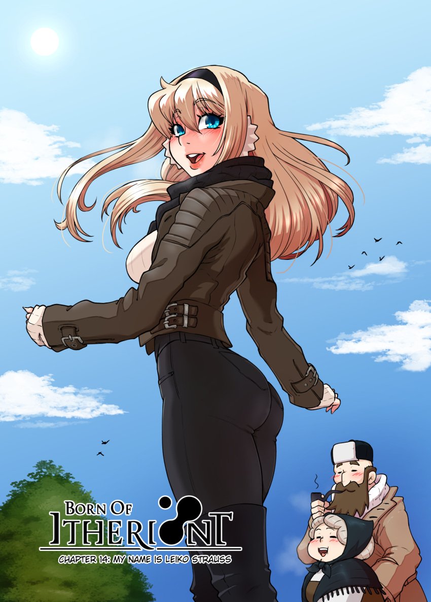 1girls ass blonde_hair blue_eyes blush born_of_itheriont clothed clothing female jacket kawa-v leiko_stauss long_hair people_in_background