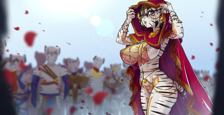 big_breasts born_of_itheriont clothing feline furry kawa-v large_breasts miia_disain multicolored_hair nipples people_in_background semi_nude short_hair tail tattoo tiger wedding