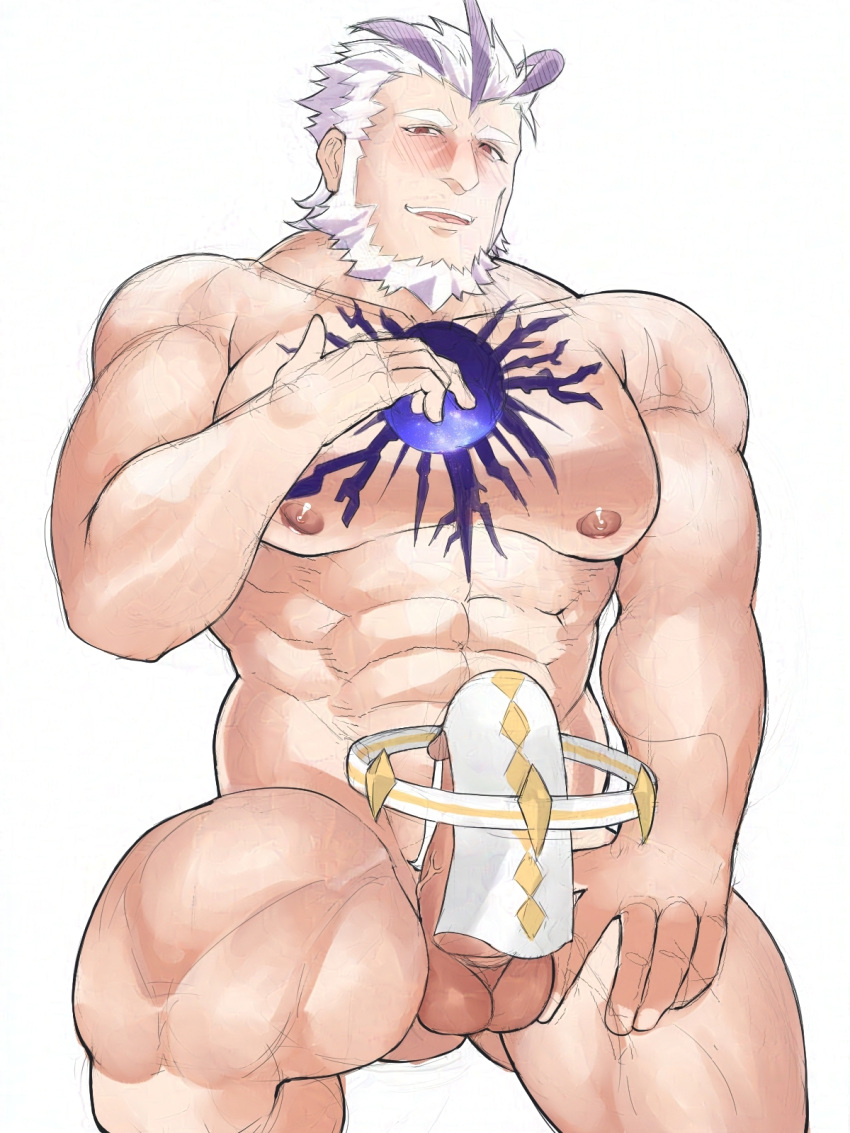 1boy abs antenna_hair ass_visible_through_thighs bara blush body_markings clothes_lift exio_(live_a_hero) feet_out_of_frame full_beard highres hole_in_chest hole_on_body large_pectorals live_a_hero looking_at_viewer male_focus mature_male multicolored_hair muscular muscular_male nipples pectorals pelvic_curtain pelvic_curtain_lift penis penis_peek purple_hair scar scar_on_face seductive_smile short_hair smile solo spread_legs thick_beard thick_eyebrows two-tone_hair ushio_takigawa