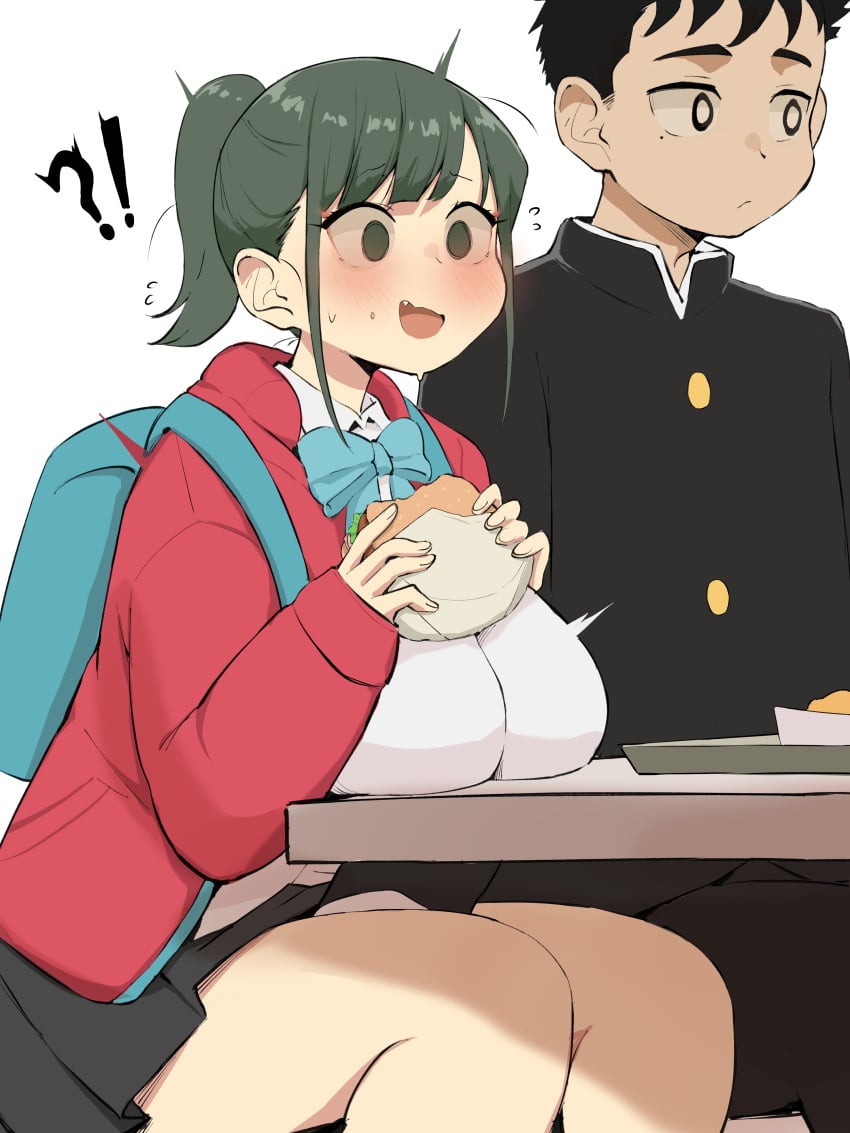 !? 1boy 1girls absurdres alternate_breast_size backpack bag black_hair black_skirt blue_bow blue_bowtie blush bow bowtie boyfriend_(japanese_mcdonald's_commercial) breast_rest breasts breasts_on_table burger commentary_request female food girlfriend_(japanese_mcdonald's_commercial) green_eyes green_hair highres holding holding_food human implied_fingering large_breasts long_sleeves mcdonald's minggoo oerba_yun_fang open_mouth ponytail school_uniform shirt short_hair simple_background sitting skirt thighs white_background white_shirt xx682567 yoru_mac