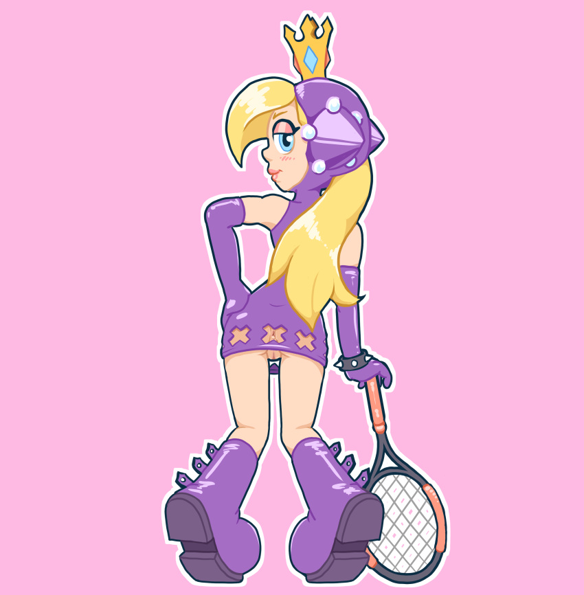 anus anus_peek back_view blonde_hair blue_eyes crown hand_on_hip hyperjerk mario_(series) mario_tennis purple_boots purple_dress pussy tennis_racket vagina wapeach