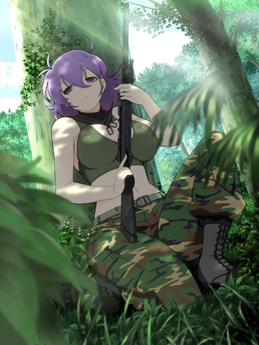 10s :&lt; ahoge bare_arms behind_tree boots breasts camouflage camouflage_pants cleavage combat_boots crop_top cross-laced_footwear day dog_tags female forest gun hair_between_eyes hiding highres kuroudo_(senran_kagura) lace-up_boots large_breasts midriff nature navel official_art on_one_knee pants rifle senran_kagura senran_kagura_new_wave short_hair sniper_rifle solo textless_version trigger_discipline weapon yaegashi_nan