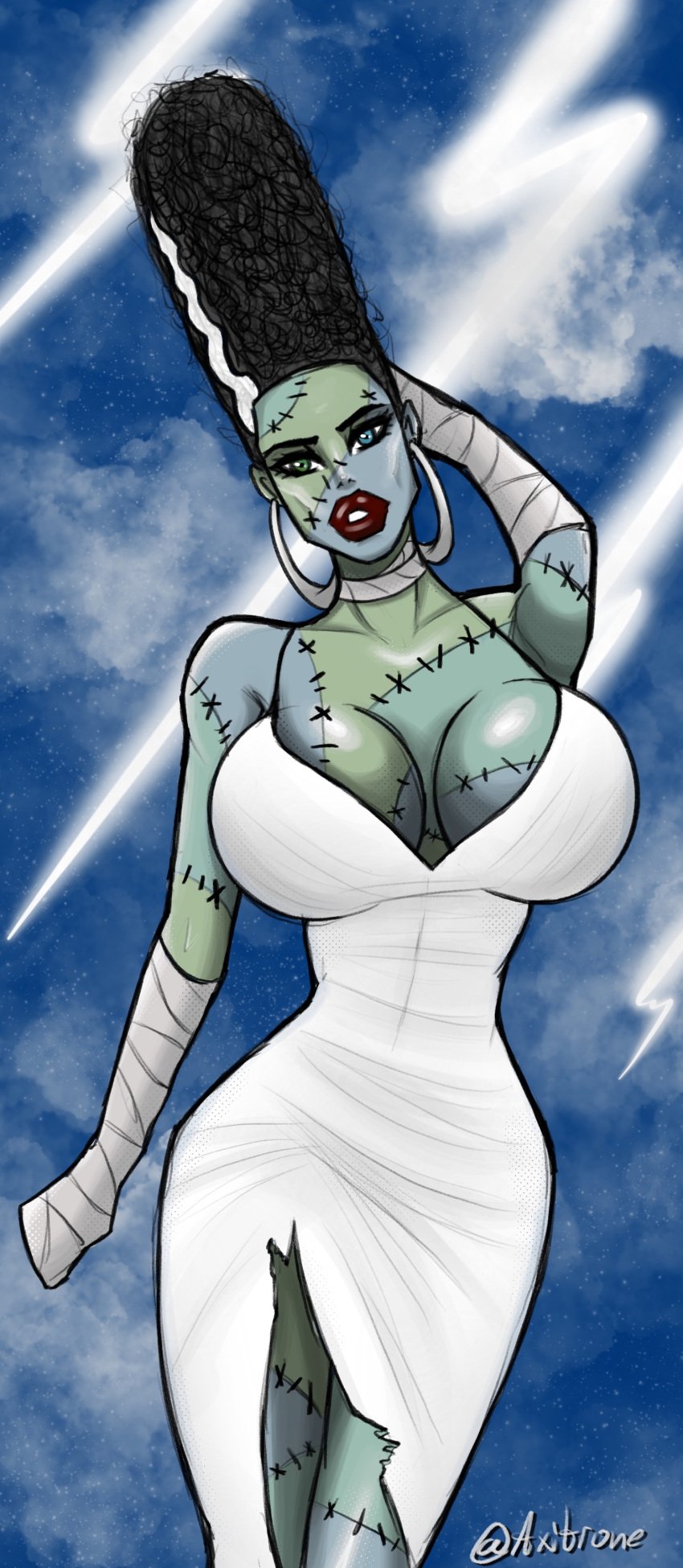 2023 axitrone big_breasts bimbo breasts bride bride_of_frankenstein frankenstein frankenstein's_monster halloween halloween_costume nightmare_waifu public_domain scary zombie zombie_girl