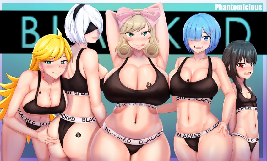 5girls armpits ass ass_grab big_breasts black_hair blacked blacked_clothing blonde_hair blue_hair breasts crossover flat_chest haruka_(senran_kagura) huge_breasts kono_subarashii_sekai_ni_shukufuku_wo! medium_support_(meme) megumin nier:_automata panty_&_stocking_with_garterbelt panty_anarchy phantomicious piercing queen_of_spades raceplay re:zero_kara_hajimeru_isekai_seikatsu rem_(re:zero) senran_kagura tank_top thong white_hair yorha_2b