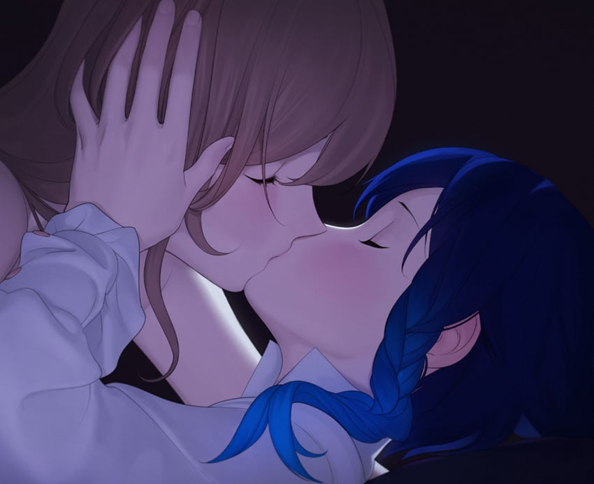 1boy 1girls abbystea blue_hair braided_hair closed_eyes cute_femboy female femboy_on_female femboy_with_female genshin_impact hand_on_head holding_head hoyoverse kiss kissing light_skin lisa_(genshin_impact) male male/female otoko_no_ko romantic straight venti_(genshin_impact)