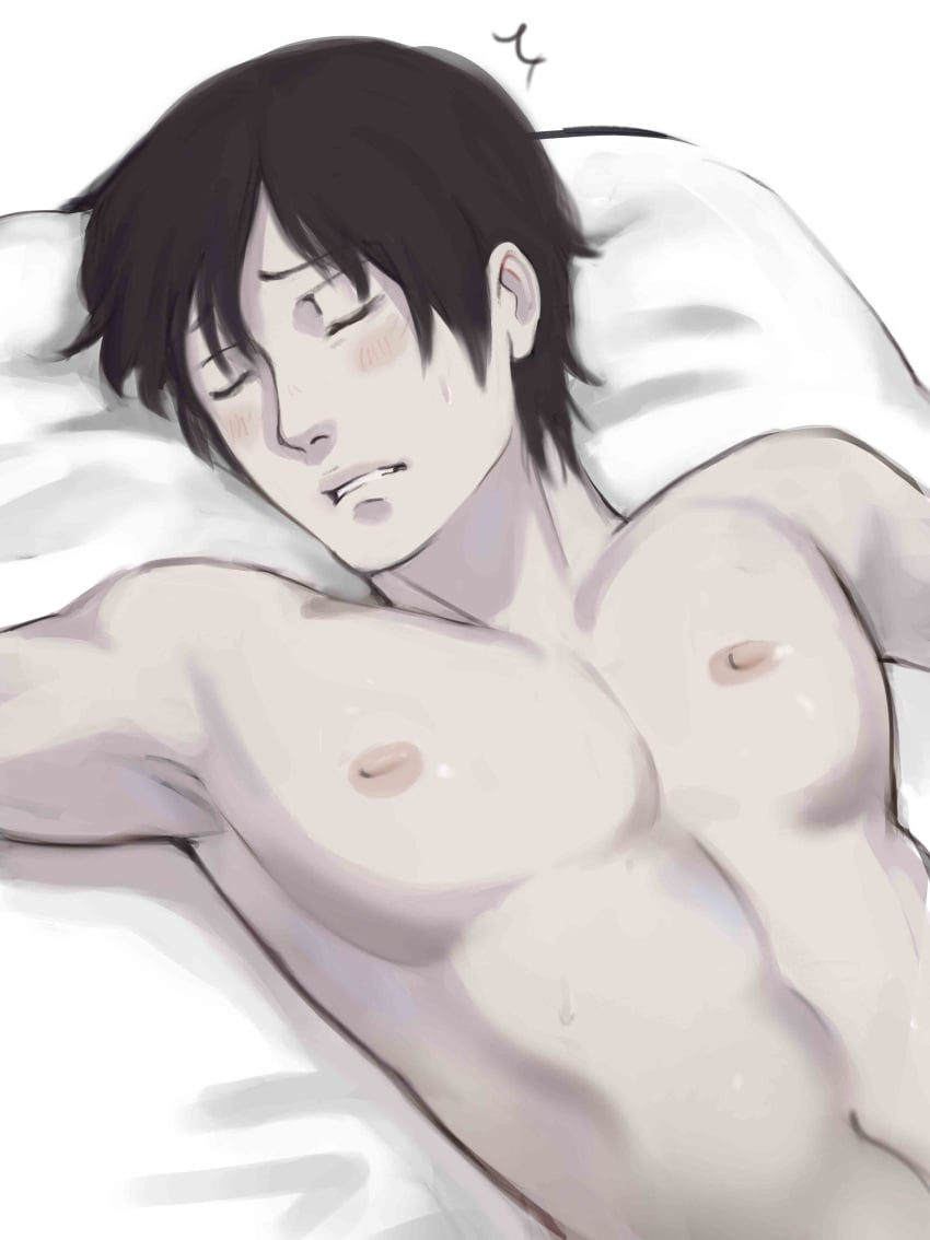 1boy abs absurd_res bed bed_sheet bedding bedsheets black_hair blush boruto:_naruto_next_generations closed_eyes comic couple female female_pov hi_res high_resolution highres light-skinned_male light_skin male male_only monday_mint naruto naruto:_the_last naruto_(series) naruto_shippuden nipples on_back on_bed pale-skinned_male pale_skin pillow pink_nipples pov sai shounen_jump solo sweat sweatdrop sweating toned toned_male topless topless_male white_background